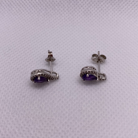 Sterling Silver with Genuine Amerhyst with white sapphire stud earrings - Picture 2 of 4